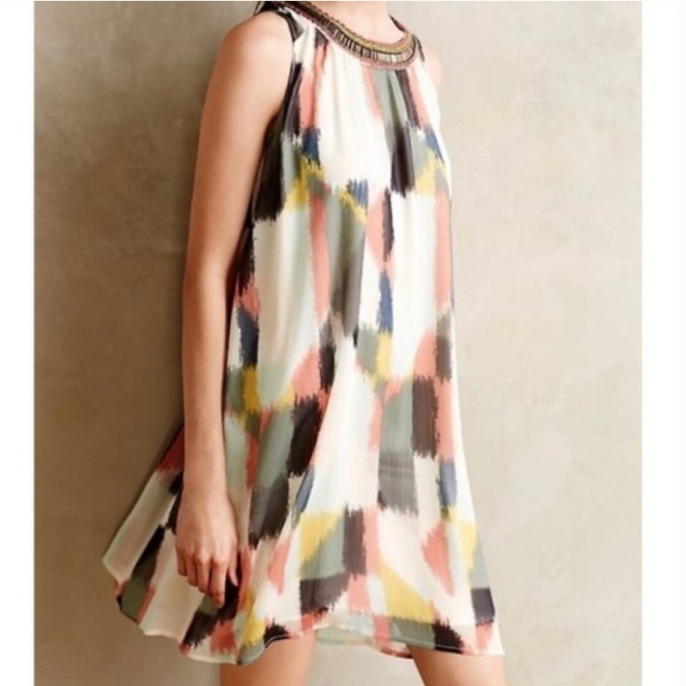 HD in PARIS Anthropologie Cream Brush/Watercolor Chiffon Jeweled Dress 8